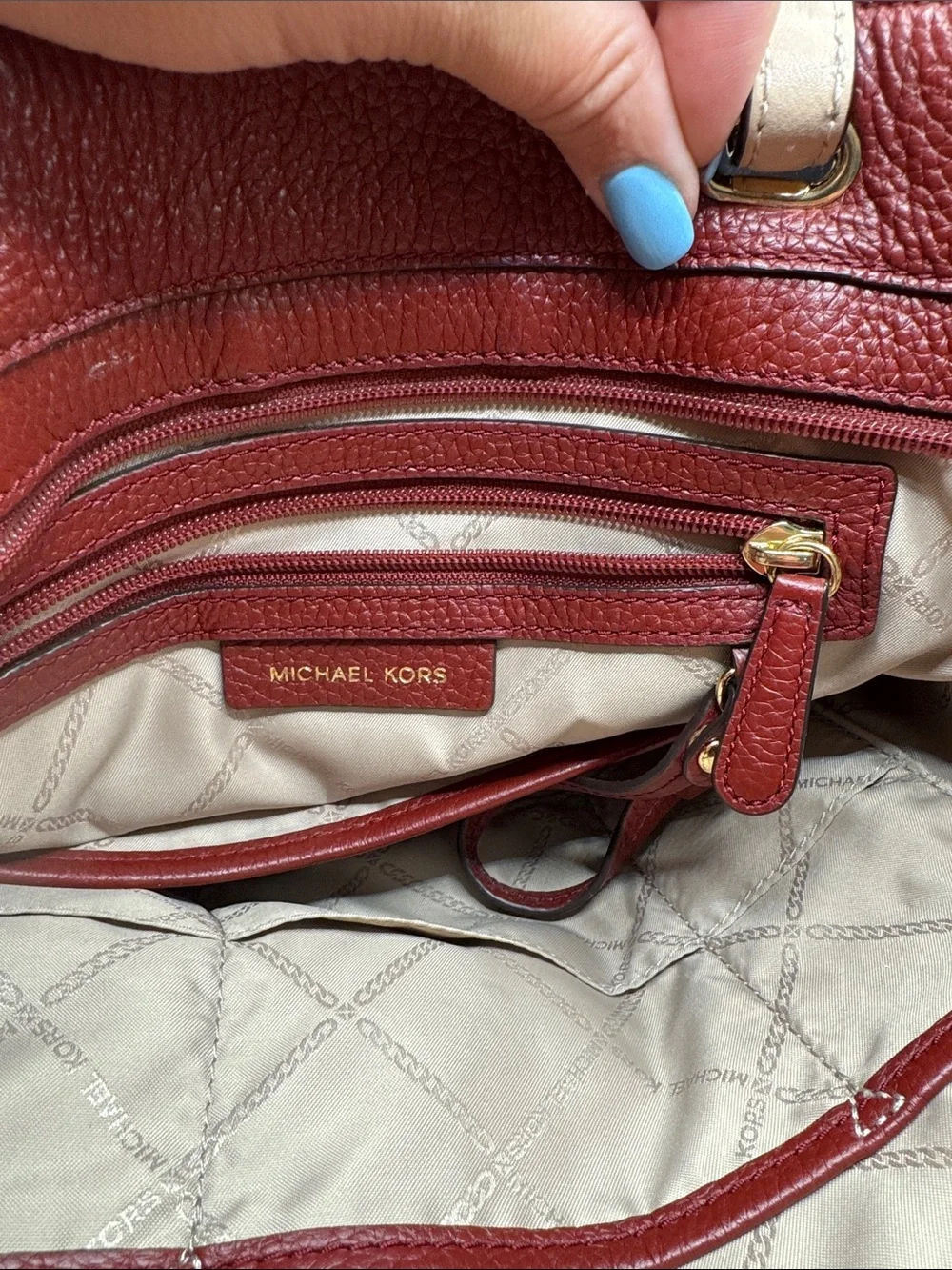 Michael Kors Red Leather Tote with Tan Strap Accents retail $198